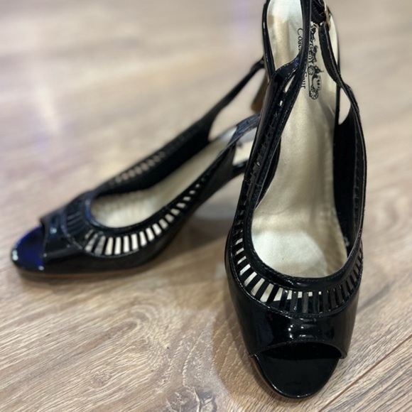 Coach and Four Slingback Black Open Toe Heels with Cut Out Elements - Picture 9 of 14
